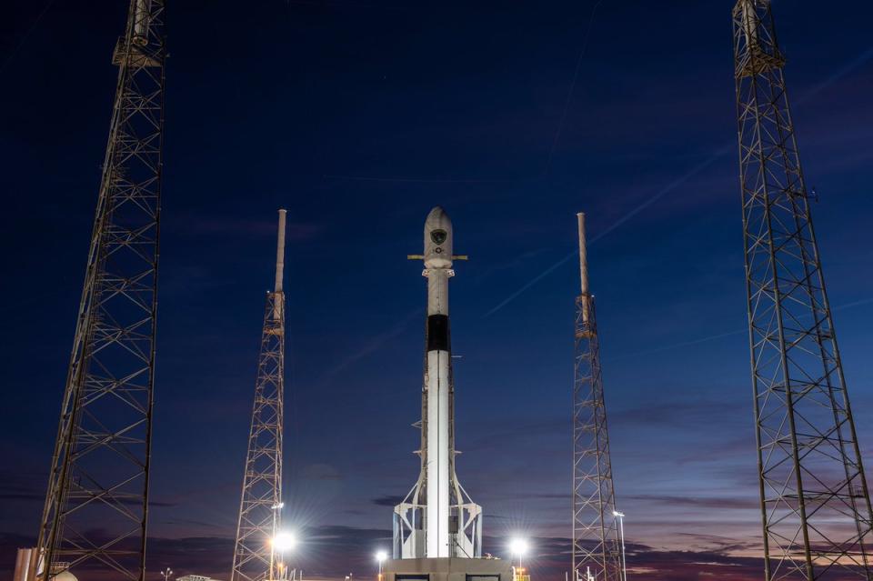 A SpaceX Falcon 9 rocket carrying the GPS III SV01 navigation satellite for the U.S. military stands atop its launchpad ahead of a Dec. 18, 2018 launch attempt from Cape Canaveral Air Force Station in Florida. <cite>SpaceX</cite>